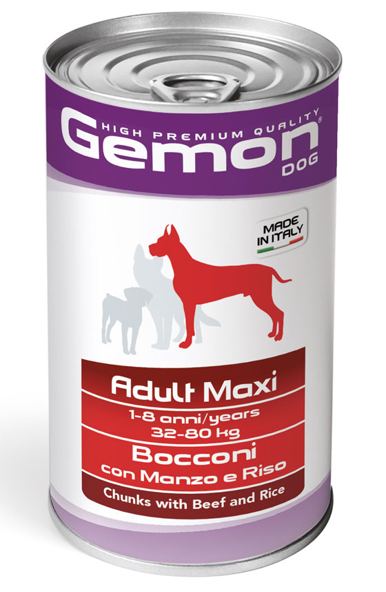 MONGE Gemon Maxi Adult Bocconcini Con Manzo E Riso – 12 Lattine Da 1250 Gr – Cibo Umido Per Cani Di Taglia Maxi, Senza Coloranti Né Conservanti