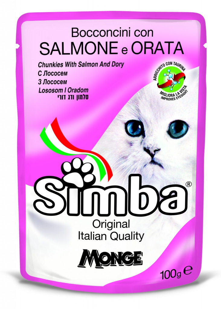 simba gatto umido buste bocconcini con salmone e orata