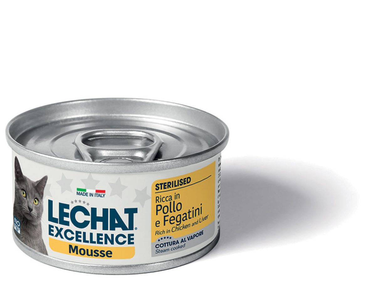 MONGE LeChat Excellence Mousse Pollo E Fegatini Per Gatti Sterilizzati – 12 Scatolette Da 85g – Cibo Umido Completo Made In Italy