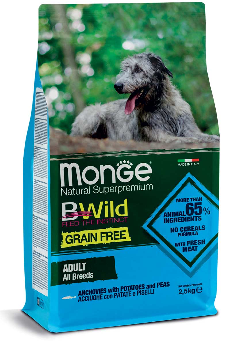 Monge Natural SuperPremium Grain Free Formula All Breeds Adult Dog Anchovies with Potatoes and Peas Monge