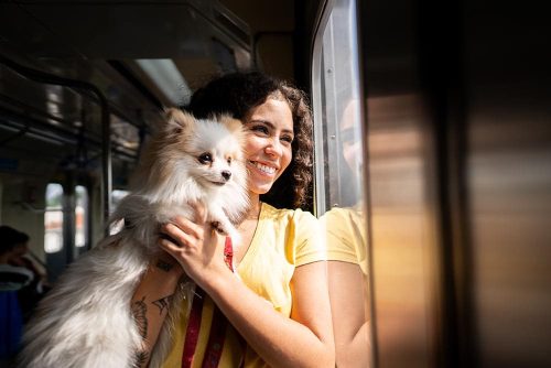 Cane in braccio alla sua padrona in treno