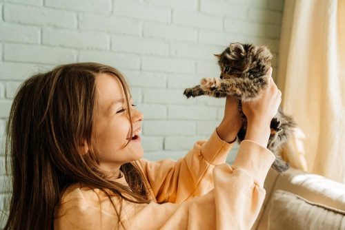 Bambina che porta sù il suo gatto